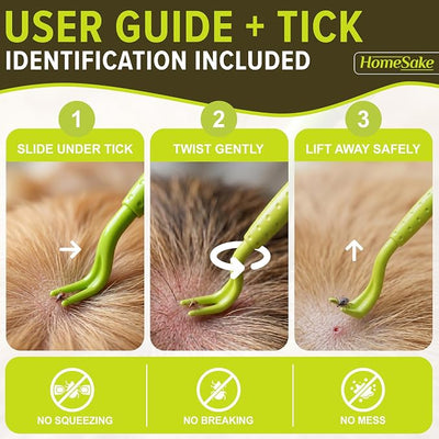 HomeSake Tick Remover Tool for Dogs, Cats & Humans, 3 Packs Tick Removal Kit + Identification Card & Keychain Hole, Safely Removes Entire Tick Head & Body, Easy Portable Tool for Pets & First Aid Kits