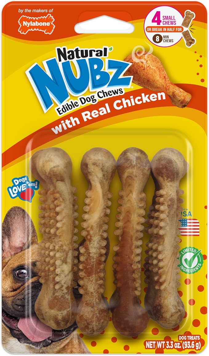 Nubz Natural Dog Chew Treats for Small Dogs, Long Lasting Dog Chew Bones Made in the USA, Chicken Flavor Breath Freshener Dental Chews, Small Dog Bones for Dogs Up to 25 lbs. (4 Count)