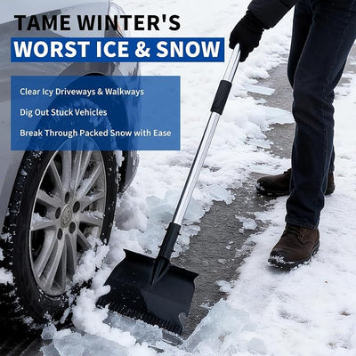 Snow Shovel for Driveway & Ice Scraper - Heavy Duty 201 Stainless Steel, Foldable Survival Shovel, Ergonomic 49" Back-Saver for Car, Sidewalk & Snow Joe Shovel Alternative