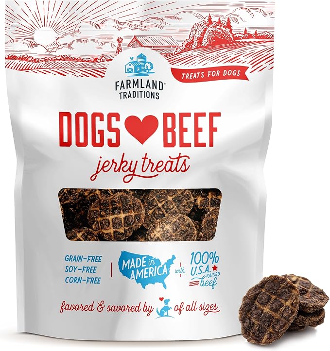 Farmland Traditions Dogs Love Beef Jerky Dog Treats with Only 3 Ingredients and No Fillers, 13.5 Ounce Bag