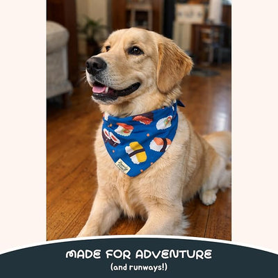 Snap-On Dog Bandana for Small Medium Large Pets, Dogs Cats Adjustable Handkerchief Scarf for Girl & Boy, Funny Cute Puppy Apparel & Accessories (Blue Sushi, Large)