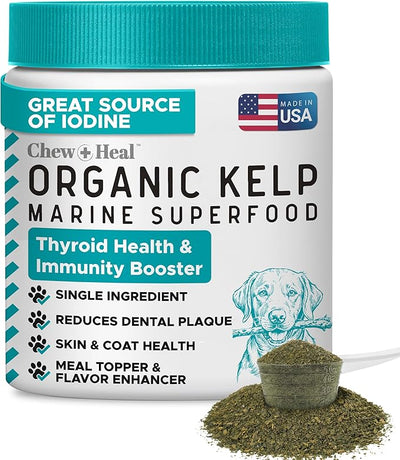 Sea Kelp Powder for Dogs - Dental, Plaque, Skin & Coat, Thyroid - Chew + Heal Labs Iodine-Rich 4 oz Kelp Supplement, Digestion & Immune, Seaweed Meal Topper with 5cc Scoop, Made in USA