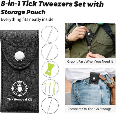 Tick Removal Tool Kit for Dogs Cats and Humans, Stainless Steel Tick Remover Set with 3 Tick Tweezers, 3 Tick Twisters, Tick Key, Tick ID Card and Leather Case for Camping Hiking Outdoor