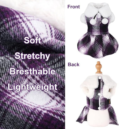Dog Sweater with Leash Set Plaid Fleece Dog Clothes for Small Dogs Girl Boy Winter Pet Dress Cold Weather Coat Fall Sweater for Chihuahua Yorkie Cat Puppy Costumes (Purple, Medium)