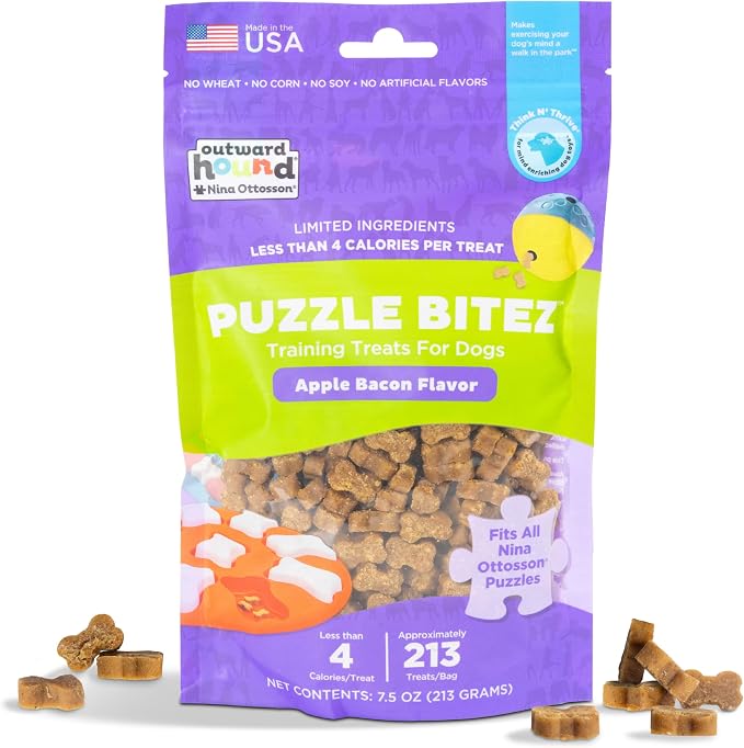 by Nina Ottosson Puzzle Bitez USA Made Dog Treats, Apple Bacon Flavor, Bite-Sized Training Reward and Interactive Puzzle Toy Treats, 7.5oz
