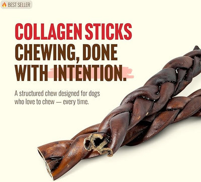 Natural Farm Odor-Free Super Braided Collagen Dog Chews (12-Inch, 10-Pack) First Ever Real Bull Sticks Alternative: 100% Natural Angus Hide Collagen Treats - More Protein More Chew Time for All Dogs