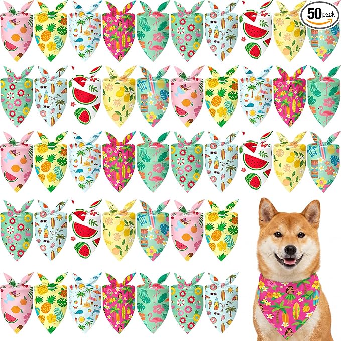 50 Pcs Summer Bandanas Bulk for Dogs Kerchief Bibs Scarves with Beach, Fruit, Hawaii Ice Cream Luau Aloha Pool for Small Medium Large Grooming Accessories(Summer, 25.6 x 17.7 x 17.7 Inch)