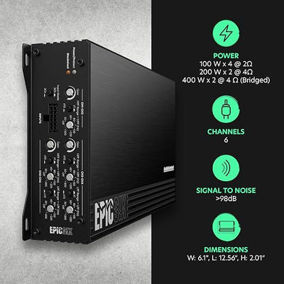 AudioControl EPICSIX 6-Channel 1200W RMS Digital Class D Full-Range Car Audio Amplifier, Compact High-Power, High/Low Pass Crossover, RCA Line Level Inputs for Aftermarket Radios, Smart Protection