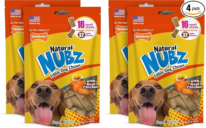 Nubz Natural Dog Chew Treats for Small Dogs,Long Lasting Dog Chew Bones Made in USA,Chicken Flavor Breath Freshener Dental Chews,Small-Dog Bones for Dogs Up to 25 lbs.,16 Count (Pack of 4)