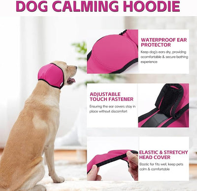 Dog Calming Hoodie Quiet Ear Cover for Noise Protection Anxiety Relief Ear Muffs, No Shake Ear Wraps for Dogs, Swim Cap Bath Blow Drying Headband Wraps for Ear Hematoma Groom Fireworks(Pink, Small)
