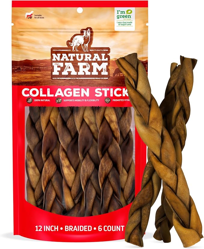 Braided Collagen Chews for Dogs (12 Inch, 6 Pack), Collagen Sticks, Natural Dog Chews, Long Lasting, for Small, Medium and Large Dogs, Odor-Free, Rawhide Alternative