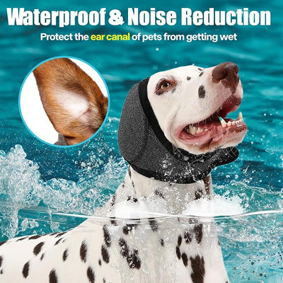 Dog Ear Muffs Wrap for Hematoma, Bathing, Drying, Swimming & Noise Anxiety Relief- Elastic Waterproof Ear Protection with Calming Hoodie Design for Grooming