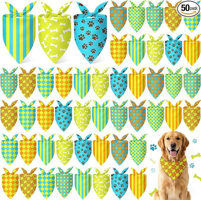 50 Pcs Cartoon Dog Bandana Bulk for Hippie Paw Print Flower Adventure Cute Triangle Soft Dog Bibs Summer Theme Birthday Party Supplies for Small Medium Large Costume 31.5 x 21.7 X21.7 Inch