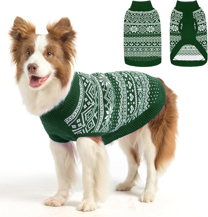 Argyle Dog Sweater - Warm Winter Coat for Small, Medium & Large Dogs, Soft Ugly Sweater for Boys & Girls, Green