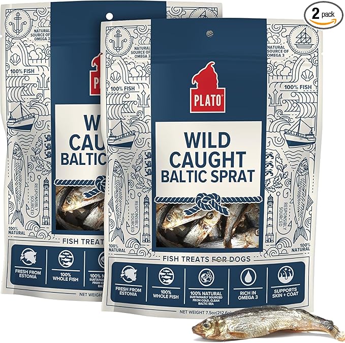 PLATO Pet Treats Fish Dog Treats - Air-Dried, Single Ingredient Pet Treat - Omega 3 & 6 Fatty Acids to Support Skin and Coat - 100% Whole Fish - Wild Caught Baltic Sprat - 7.5 oz - 2 Pack
