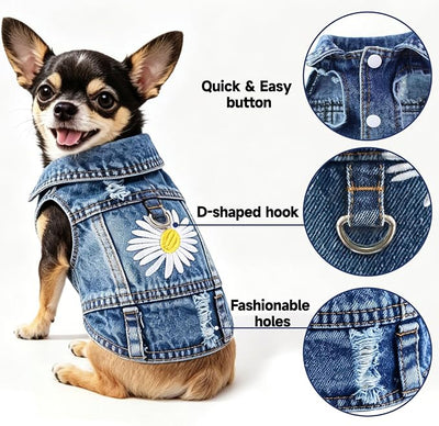 Dog Jean Jacket, Blue Denim Shirt Classic Lapel Vest Coat Costume Puppy T-Shirt, Comfort Tank Top Cool Apparel, Washed Pet Clothes for Dogs Boy Girl (Daisy Bloom with D-Ring, Small)