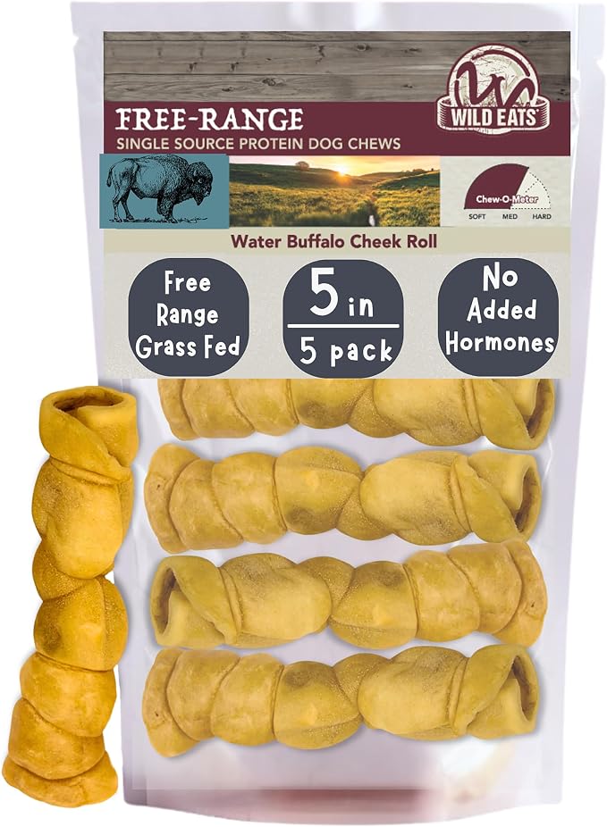 Water Buffalo Retriever Style Cheek Roll Dog Chews - 5 Pack (Long Lasting Chews, Treats, Bones for Aggressive Chewers & Large Dogs) Great Substitute Pig Ears Dogs