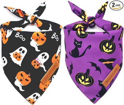 Realeaf Halloween Dog Bandanas 2 Pack, Reversible Orange Pumpkin Pet Scarf for Boy and Girl, Premium Durable Fabric, Holiday Bandana for Small Medium Large and Extra Large Dogs (X-Large)