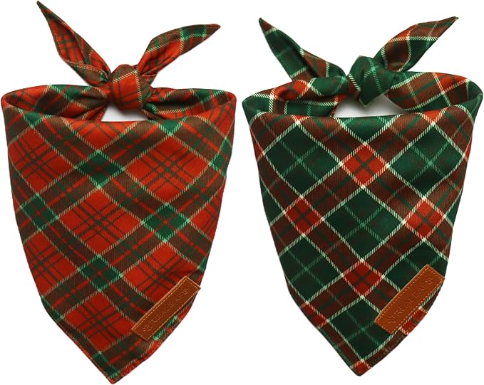 Christmas Dog Bandanas 2 Packs, Reversible Red Green Plaid Dog Scarf, Xmas Pet Bandana, Premium Durable Fabric, Holiday Check Bandana for Large and Extra Large Dogs Pets (X-Large)