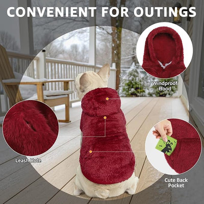 SCENEREAL Fleece Dog Sweaters Hoodie for Small Medium Large Dogs Girls Boys, Plush Fuzzy Dog Clothes Hoodies with Leash Hole, Winter/Fall Puppy Cold Weather Coat, Sherpa Hooded Sweatshirt, Burgundy SM
