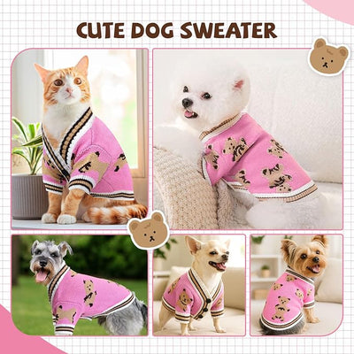 Small Dog Sweaters Cute Bear Knitted Dog Cardigans Clothes for Small Medium Dogs Soft Pet Puppy Cat Knitting Outfits Fall Winter Warm Boy Girl Dogs Knitwear Coat Apparel(Pink, X-Large)