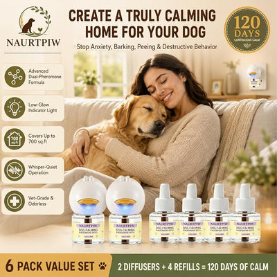 Dog Calming Diffuser 6 Pack (2 Plug in + 4 Refills), 120 Days Supply, Dog Pheromone Diffuser for Anxiety Relief, Destructive Behavior, Pee Accidents, Separation Anxiety, Aggression, Barking & Chewing