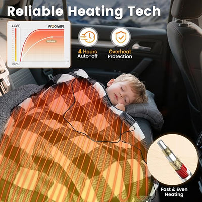 WOOMER Car Heated Blanket, 12-Volt Portable Heated Car Blanket with 4 Heating Levels & 4 Hours Auto Off for Car, Truck, SUV, RV or Camping, Travel, Machine Washable, 59" X 43", Plaid