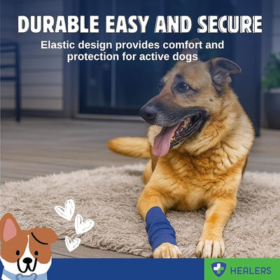 Healers PetCare Leg Wraps – Adjustable Dog Bandages with Gauze Inserts – Breathable Elastic Wrap for Wound Care & Joint Support – Non-Slip, Reusable, Machine Washable – Small 18-Inch, Blue