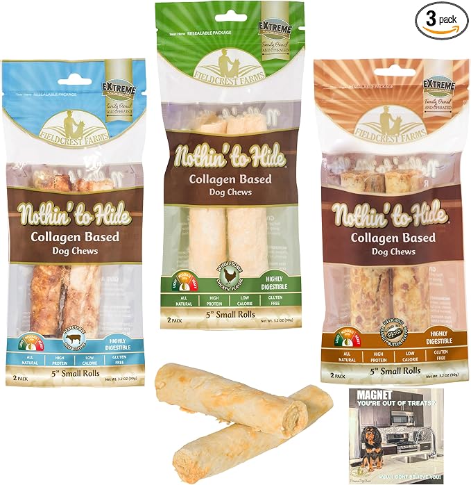 Fieldcrest Farms Nothing to Hide Natural Rawhide Alternative Rolls for Dogs - 3 Pack Bundle (Chicken, Beef, Peanut Butter) Premium Grade Easily Digestible Chews for Moderate Chewers up to 35 lbs