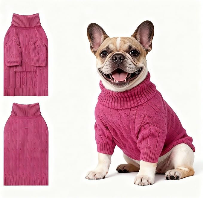 Small Dog Thermal Pullover Sweater, Classic Turtleneck Cable Knitwear Dog Clothes for Cold Weather Warm Pet Clothes for Chihuahua, Bulldog, Dachshund, Pug Hot Pink Large