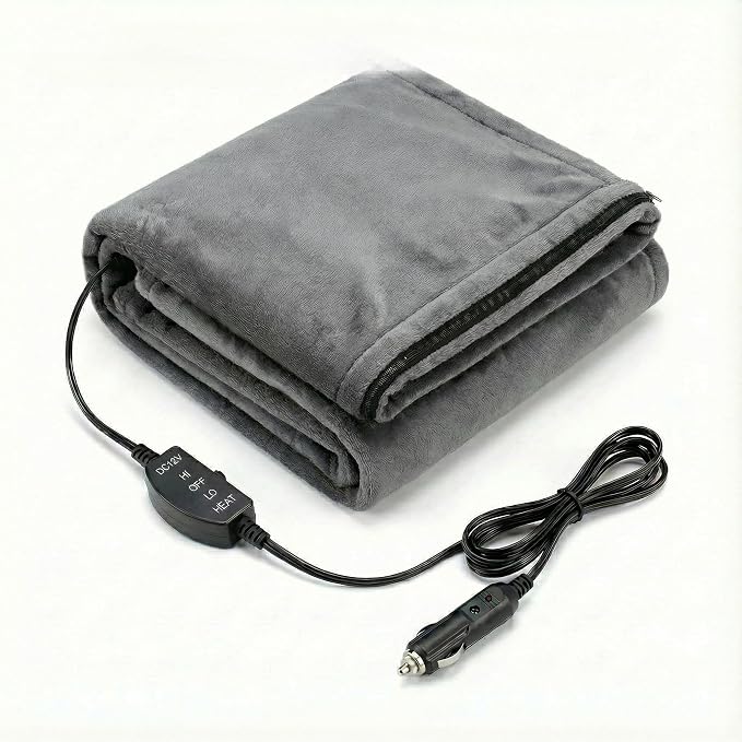 12V Car Heated Blanket & Wearable Shawl – Electric Fleece Travel Throw with Zipper for Truck Drivers, RV & Winter Road Trips – Fast Heating, Soft Flannel