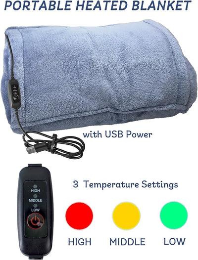 USB Heated Blanket, Heating Lap Blanket Throw, Wearable Soft Outdoor Cozy Travel Throw for Stadiums, Picnics, Travel, Camping, Hiking, and Wheelchair Use, Light Blue