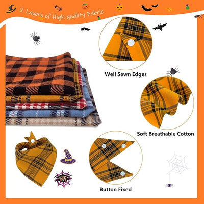 Plaid Dog Bandana - Spider and Witch Hat Embroidery Patches Durable Fabric, Puppy Handkerchief, Boys and Girls Pet Scarf,Medium