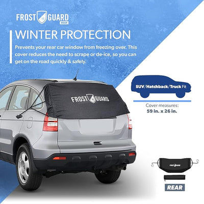 FrostGuard Rear Windshield Cover for Ice and Snow, For SUVs and Trucks - Rear Window Cover to Reduce Scraping, Elastic to Conform to Vehicle's Shape - Secure Hooks for Snug Fit - Black, 59 x 20 Inches