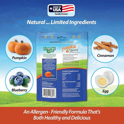 Emerald Pet Pumpkin Harvest Dog Treats, Blueberry Flavor, 6 oz – Soft Chewy Low-Fat Natural Dog Treats with Real Pumpkin for Digestive Health – Meat-Free, Wheat-Free, Made in USA