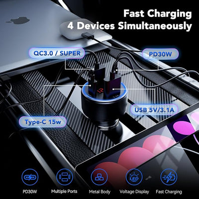 4-Port USB C Car Charger Fast Charging, Car Phone Charger Adapter with 30W PD & QC3.0 Dual USB C & USB A Port Real-Time LED Voltmeter 12V/24V Cigarette Lighter Adapter for iPhone Galaxy & Android