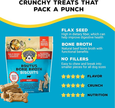 Brutus Bone Broth Biscuits for Dogs - Protein-Rich Dog Treats with Bone Broth and Real Beef - All Natural and Tasty - 8oz, Pack of 2, Beef Flavor