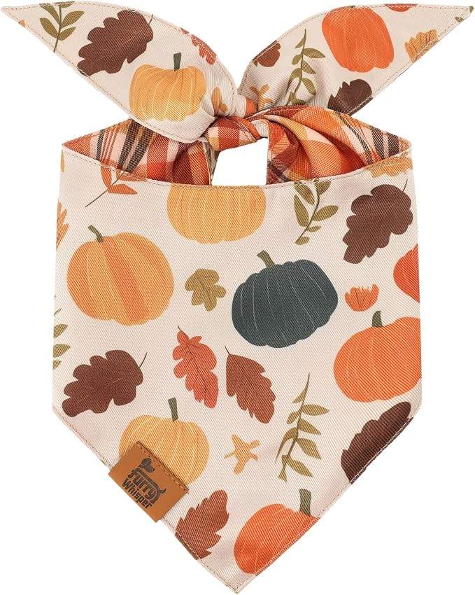 Fall Dog Bandana for Small Medium Large Dogs, Pumpkin Plaid Design, Premium Reversible Soft Breathable Adjustable Scarf, Pet Accessory Girl or Boy Gift FW4