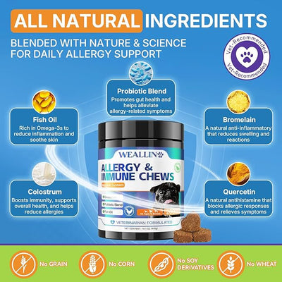 Dog Allergy Relief Chews, Dog Allergy Chews, 200 Treats with Probiotics & Omega 3 Fish Oil, Itchy Skin Relief, Immune Support, Paw Licking, Itchy Ears, Scratching, Seasonal Allergies, Chicken Flavor