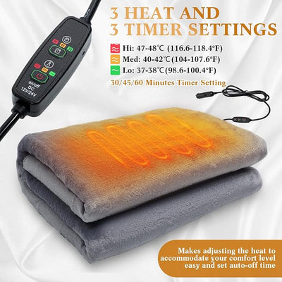 Riakrum 12v Car Heated Blanket 57"x43", Portable Electric Car Blanket with Storage Bag, Auto-Off Heat Control for Truck SUV Rv Winter Travel, Camping, Road Trips, Office, Gifts for Mother Day, Gray