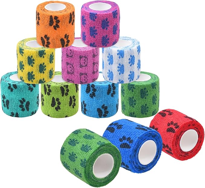 Self-Adhering Bandage - Injury Wrap Tape for Pets, Dogs, Cats, Horses - Pack of 12 - Dog Bandages for Legs - Prevent Licking - Does not Stick to Hair - Elastic, Water Repellent, Breathable
