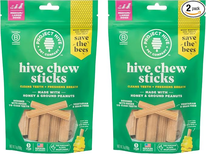 Hive Chew Sticks - Dental Treats for Dogs - Vegetarian, Made with Ground Peanuts & Honey, No Grain or Soy, Cleans Teeth & Freshens Breath (2-Pack 7 oz, Hive Chew Sticks for Large Dogs)