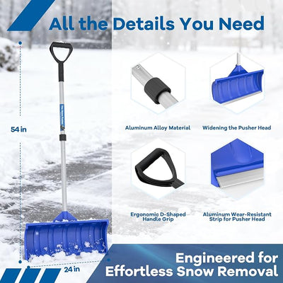 Snow Pusher Shovel for Driveway Car Garage, 24 Inch Snow Removal Plow with D-Grip Handle Aluminum Strip, Ergonomic Heavy Duty Wide Snow Shovel for Home Outdoor, Blue(24")