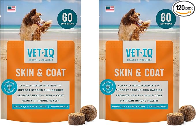 VetIQ Skin and Coat Supplement for Dogs, Helps Maintain Healthy Skin and Shiny Coat, Hickory Smoke Flavor Dog Chew, Made in The USA, 60 Count (Pack of 2)