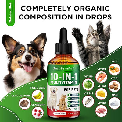 Сat Vitamins for Indoor Cats – Liquid 10-in-1 Multivitamin for Dogs – C, D3, B Group, for Skin, Coat, & Breathing – Natural Protection for Pets of All Ages – For Digestion & Bones – Beef Flavor – 2 Oz