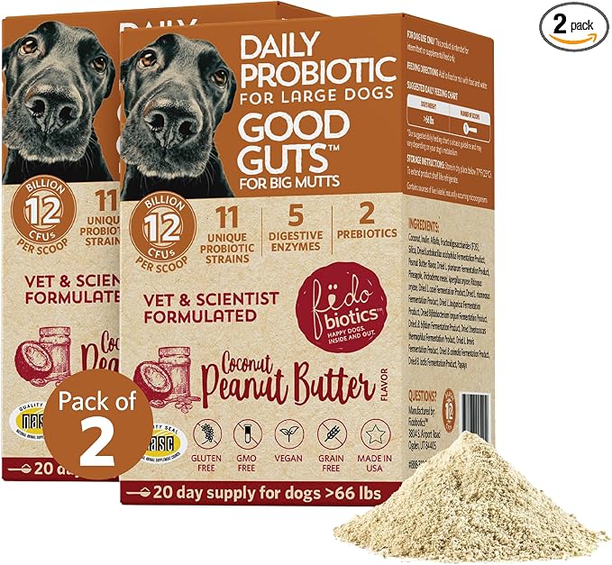 Good Guts Probiotics for Dogs – Dog Probiotic Powder for Digestive Health, Gas Relief & Firmer Stools, 12B CFUs, Enzymes & Prebiotics, Large Dogs, Puppies & Adults, Pack of 2