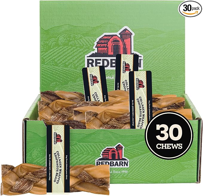 Medium Braided Collagen-Wrapped Esophagus Dog Chews 30-Count Natural Grain-Free Gluten-Free Alternative to Traditional Rawhide Long Lasting Treats for Dogs
