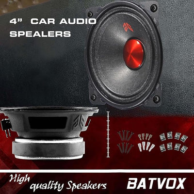 MX40P1 Midrange Loudspeaker 4" Red Dust Cap, 120W Max, 4 Ohms, Premium Quality Audio Door Speakers for Car or Truck Stereo Sound System, Black (2 Speaker)