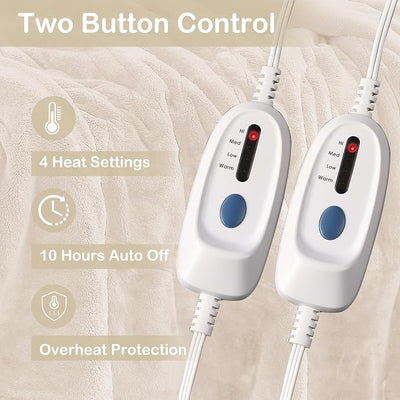 Eydna Electric Heated Blanket Queen Size 84"x90", Soft Plush Microplush for Bed, Dual Controllers & Dual Heating Zones, 10 Hours Auto Off & 4 Heating Levels, Machine Washable, Gifts for Womens-White
