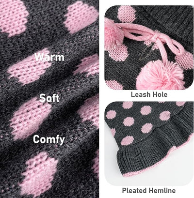 KYEESE Dog Sweater Dress with Leash Hole Turtleneck Dog Sweaters for Girl Large Dogs Polka Dot Knit Pullover Warm Pet Clothes for Fall Winter